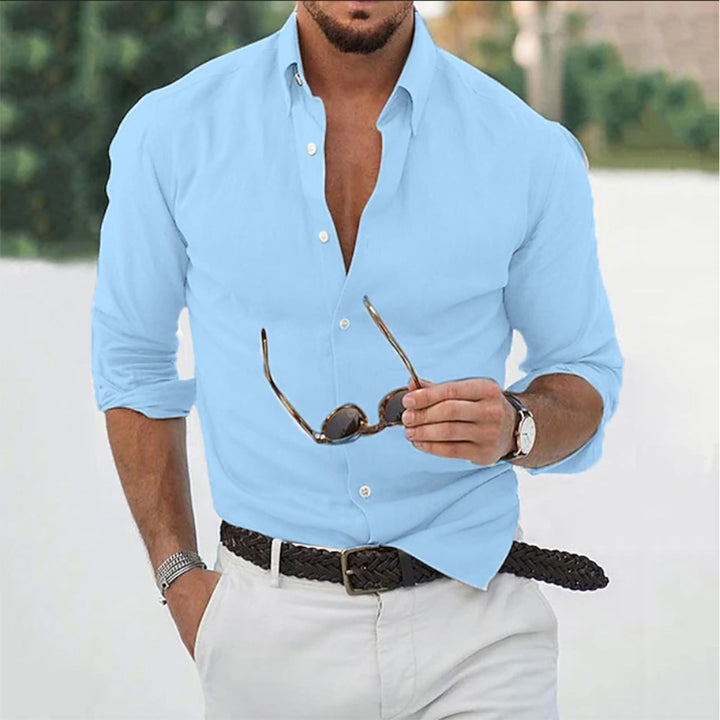 Men's long-sleeve collared shirt with button front, shown in white and blue