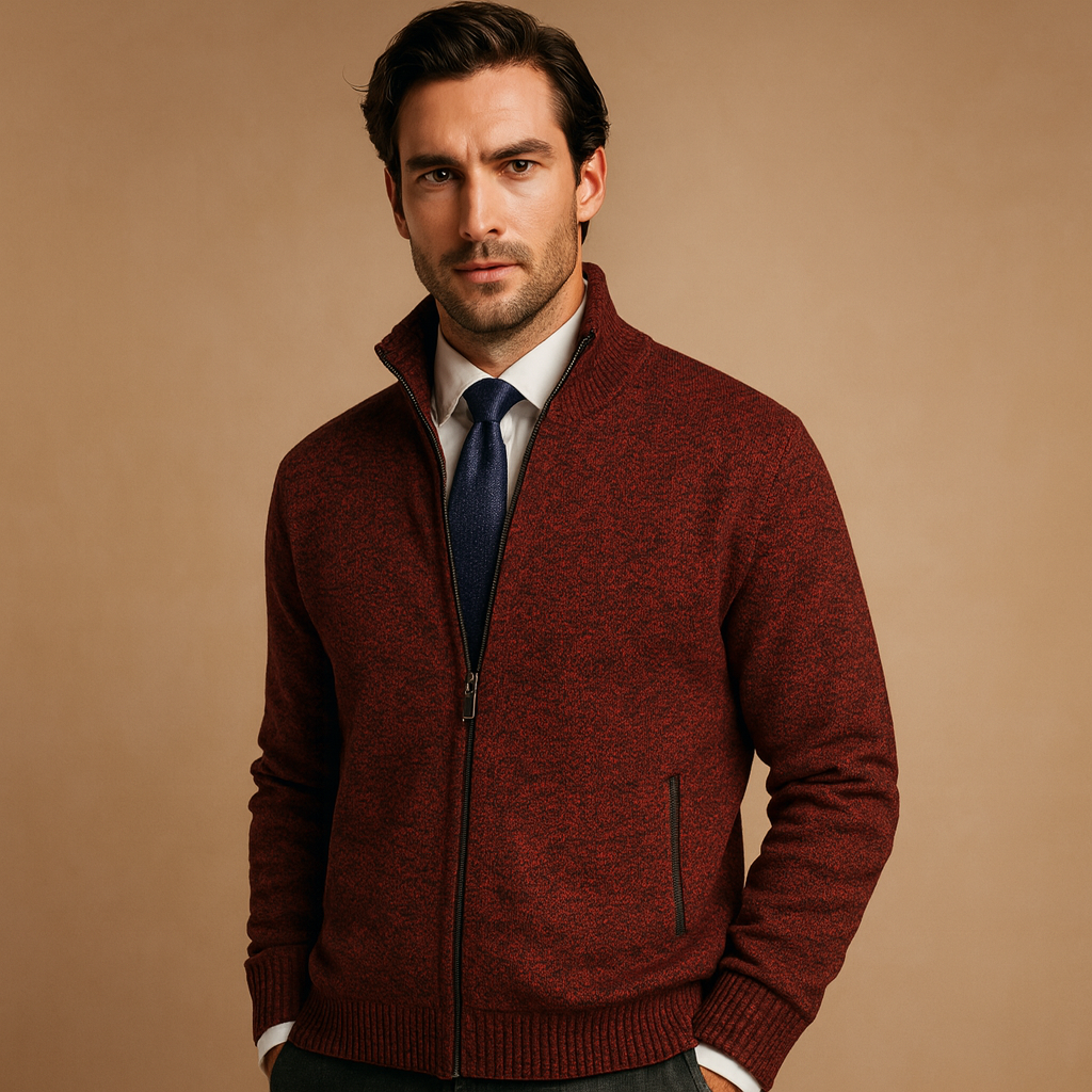 Men's Knit Jacket Full-Zip Ribbed Hem - Red