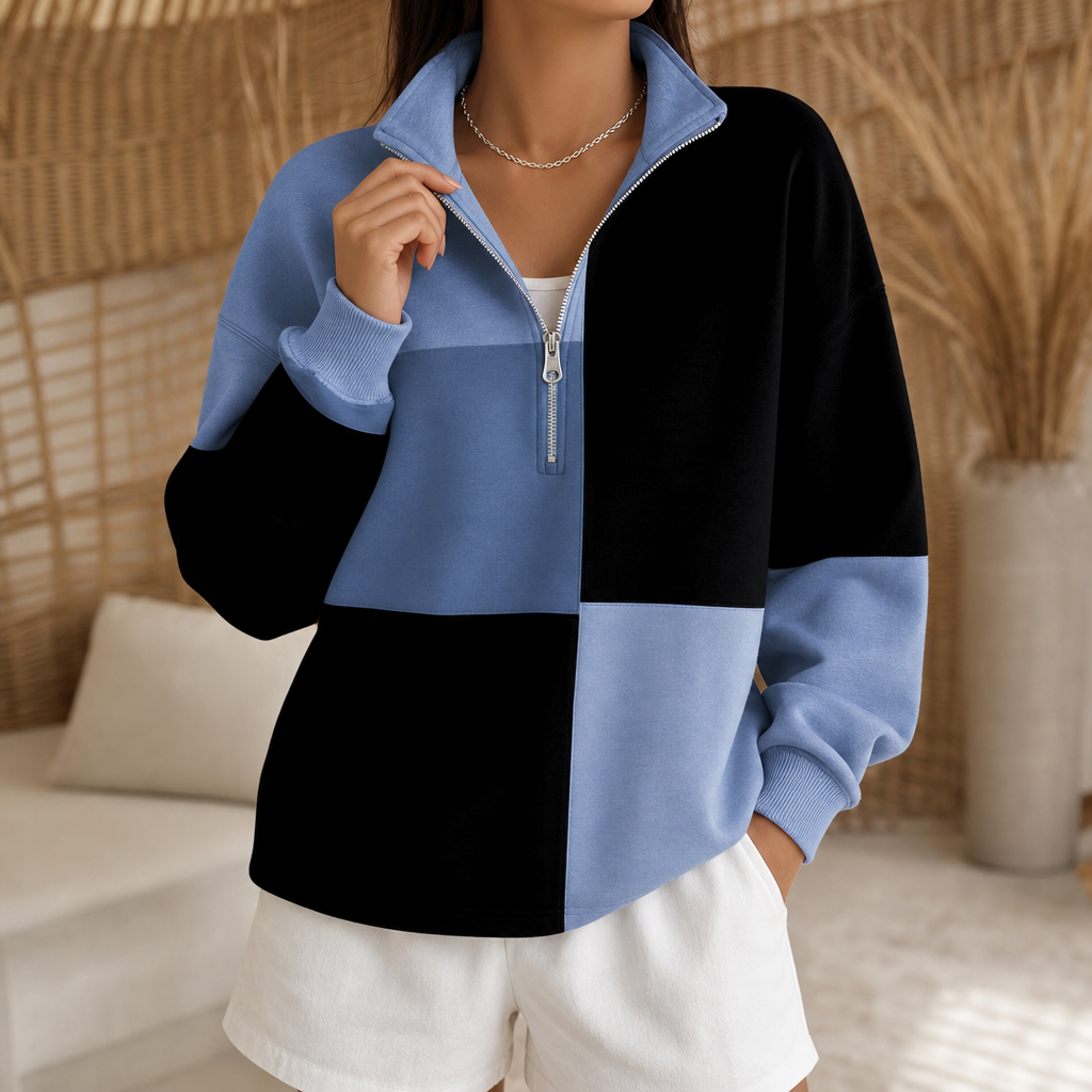 Women's blue and black colourblock half-zip sweatshirt with stand collar