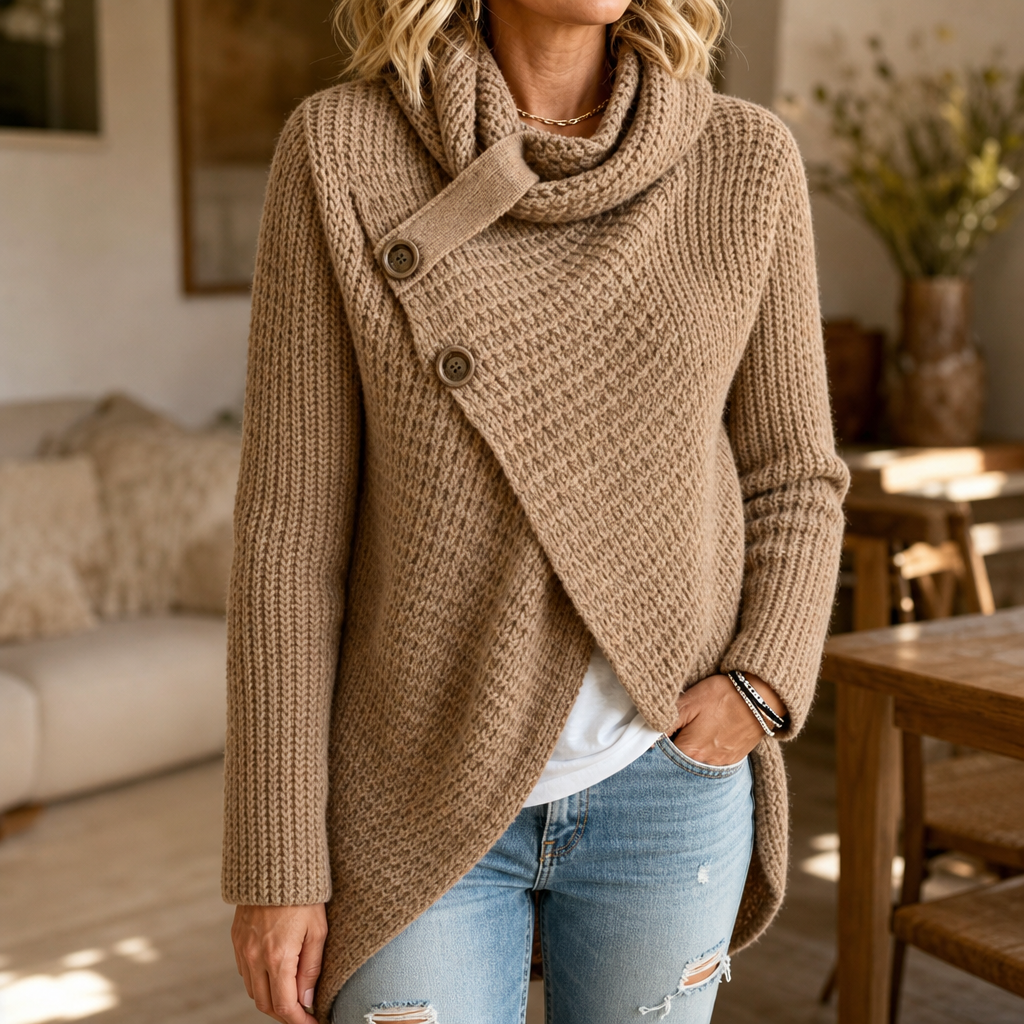 Women's textured cowl neck sweater with asymmetric button-side front and long sleeves