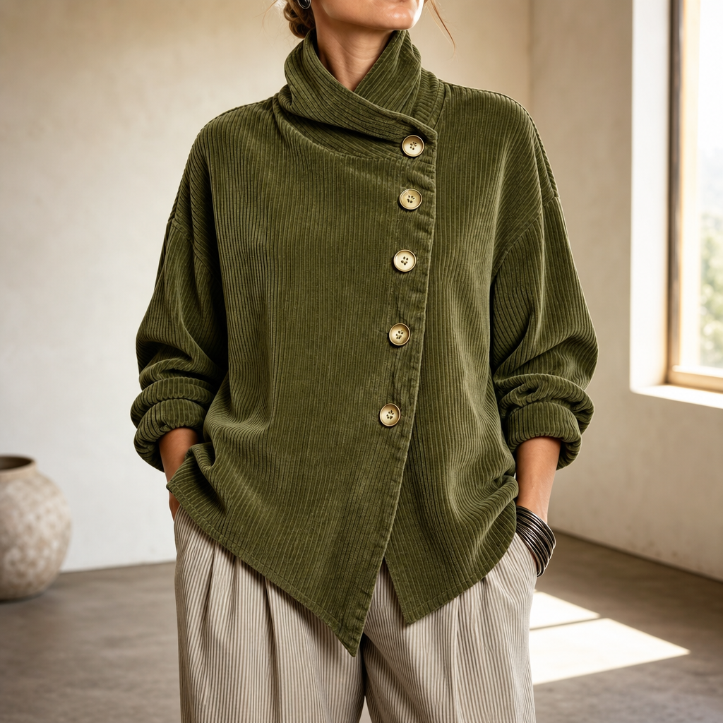 Women's corduroy top with funnel collar, front buttons and asymmetric hem