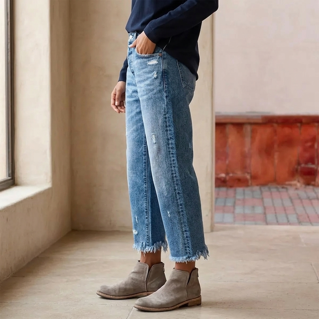 Women's cropped straight leg jeans with faded detailing and frayed hems