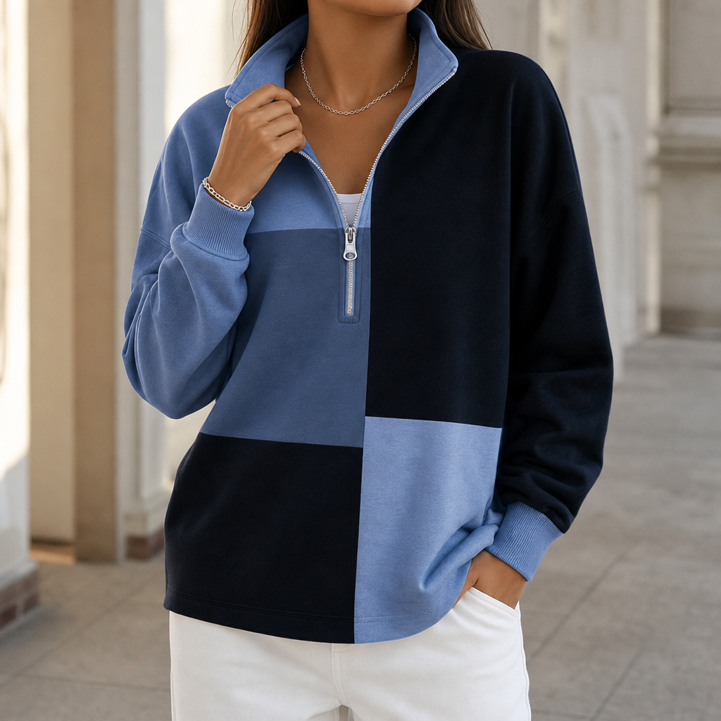 Women's blue and black colourblock half-zip sweatshirt with stand collar