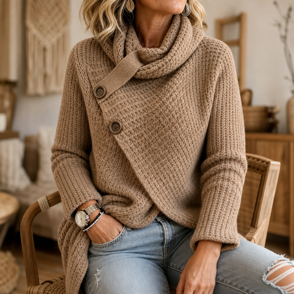 Women's textured cowl neck sweater with asymmetric button-side front and long sleeves