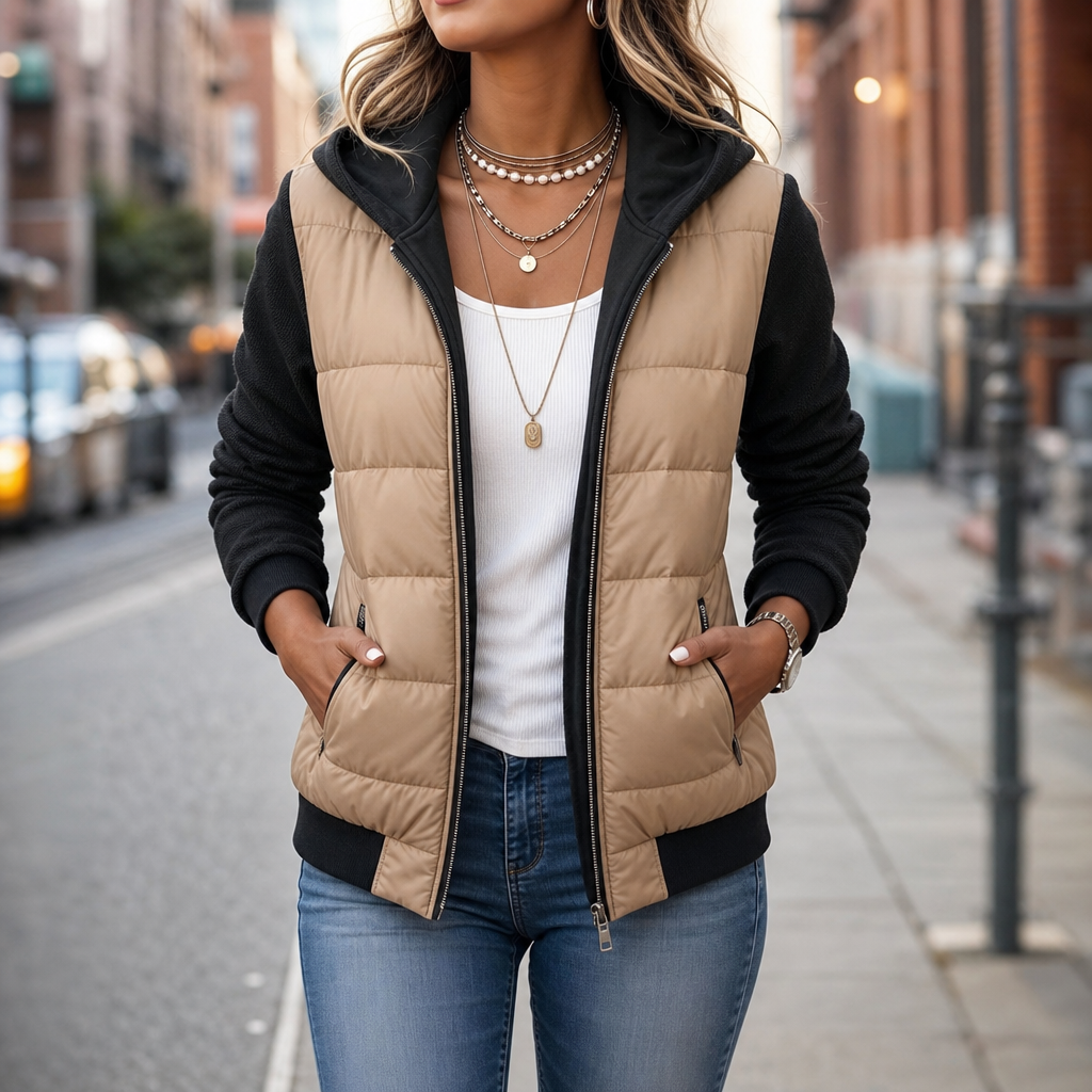 Women's hip-length quilted puffer jacket with hood and long knit sleeves