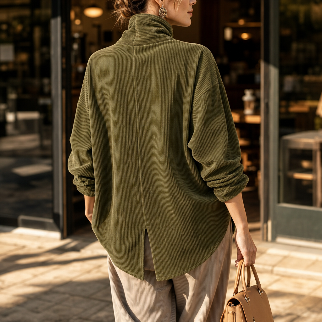 Women's corduroy top with funnel collar, front buttons and asymmetric hem