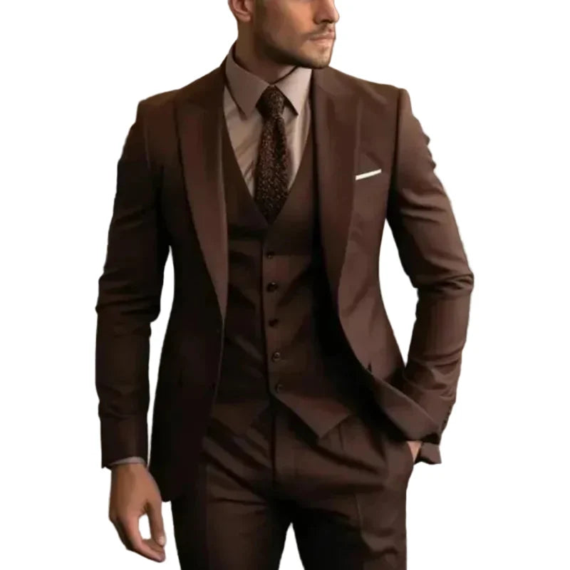 Men's three-piece suit with tailored jacket, waistcoat and trousers
