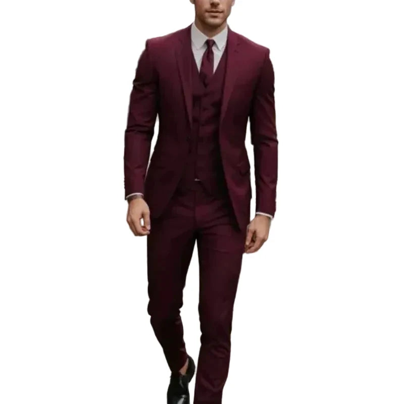 Men's three-piece suit with tailored jacket, waistcoat and trousers