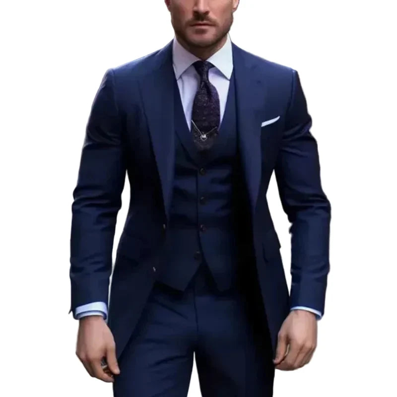 Men's three-piece suit with tailored jacket, waistcoat and trousers