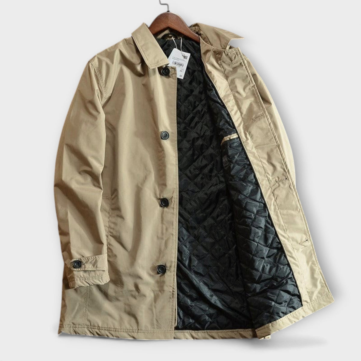 Men's single-breasted transition coat with pointed collar and button front