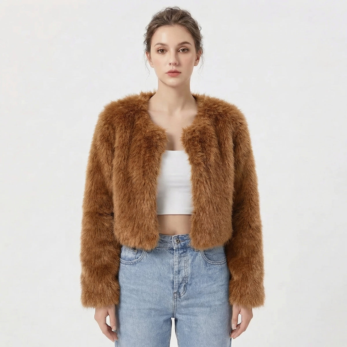 Women's cropped faux fur jacket with long sleeves and open front
