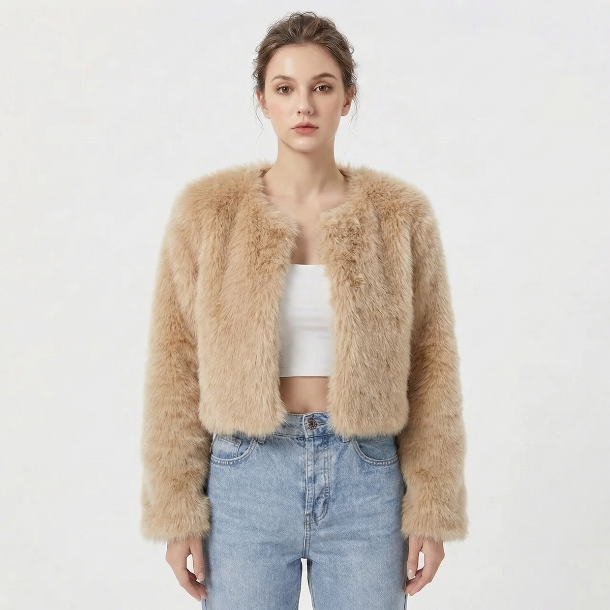 Women's cropped faux fur jacket with long sleeves and open front