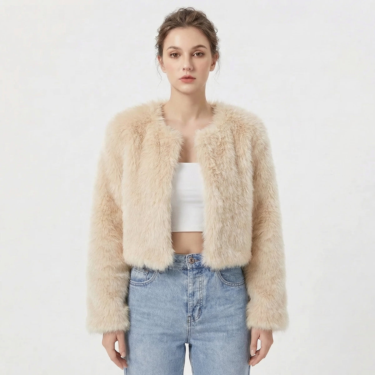 Women's cropped faux fur jacket with long sleeves and open front