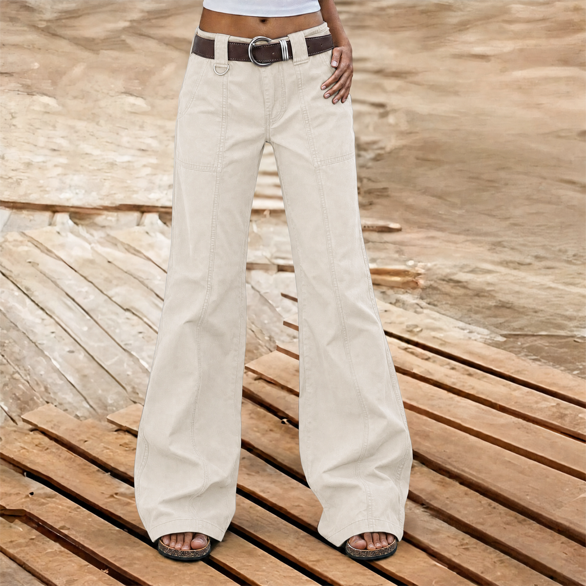Women's wide-leg cargo trousers with utility pockets and belt loops