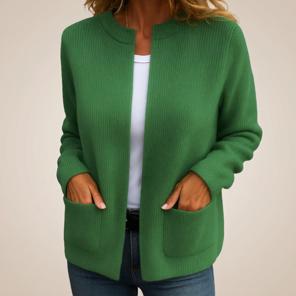Women's ribbed knit cardigan with crew neck, long sleeves and front patch pockets