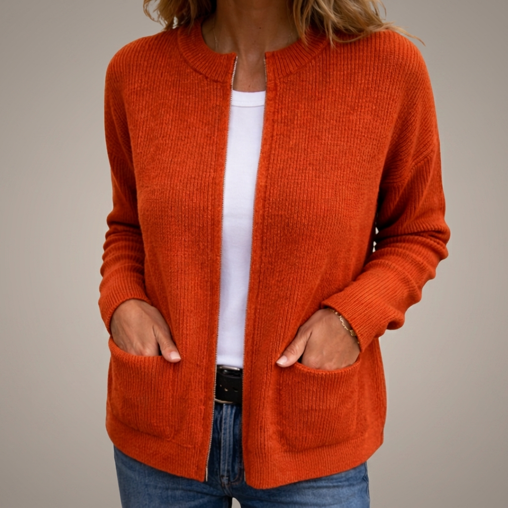 Women's ribbed knit cardigan with crew neck, long sleeves and front patch pockets