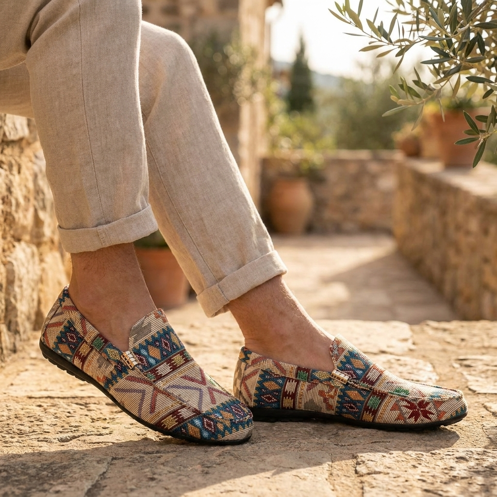 Unisex geometric patterned loafers with round toes and flat soles