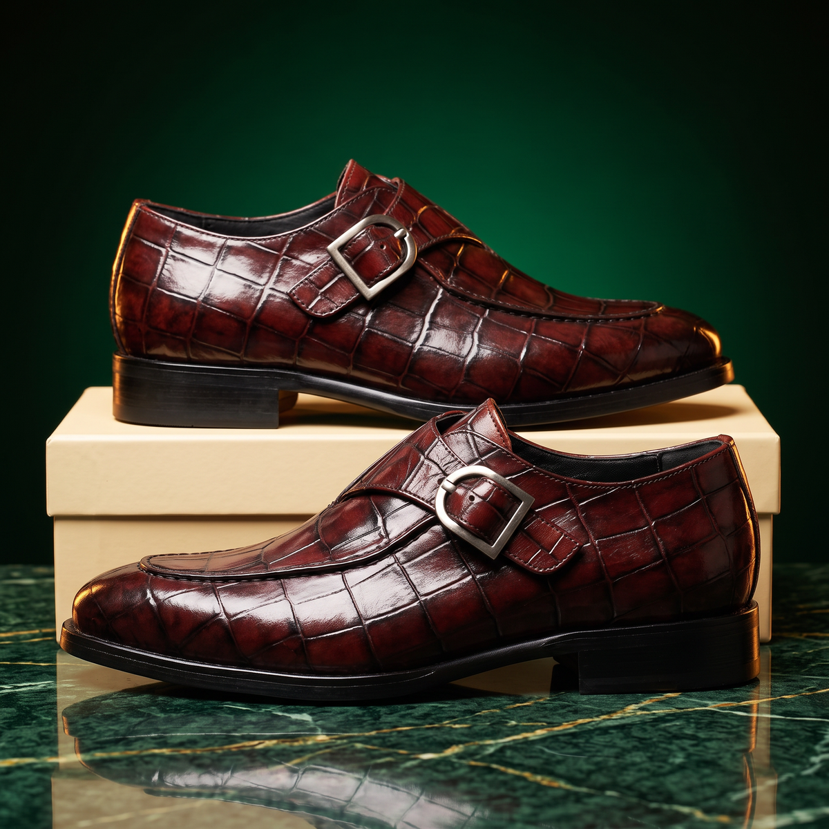 Men's glossy crocodile-texture buckle loafers with low heels
