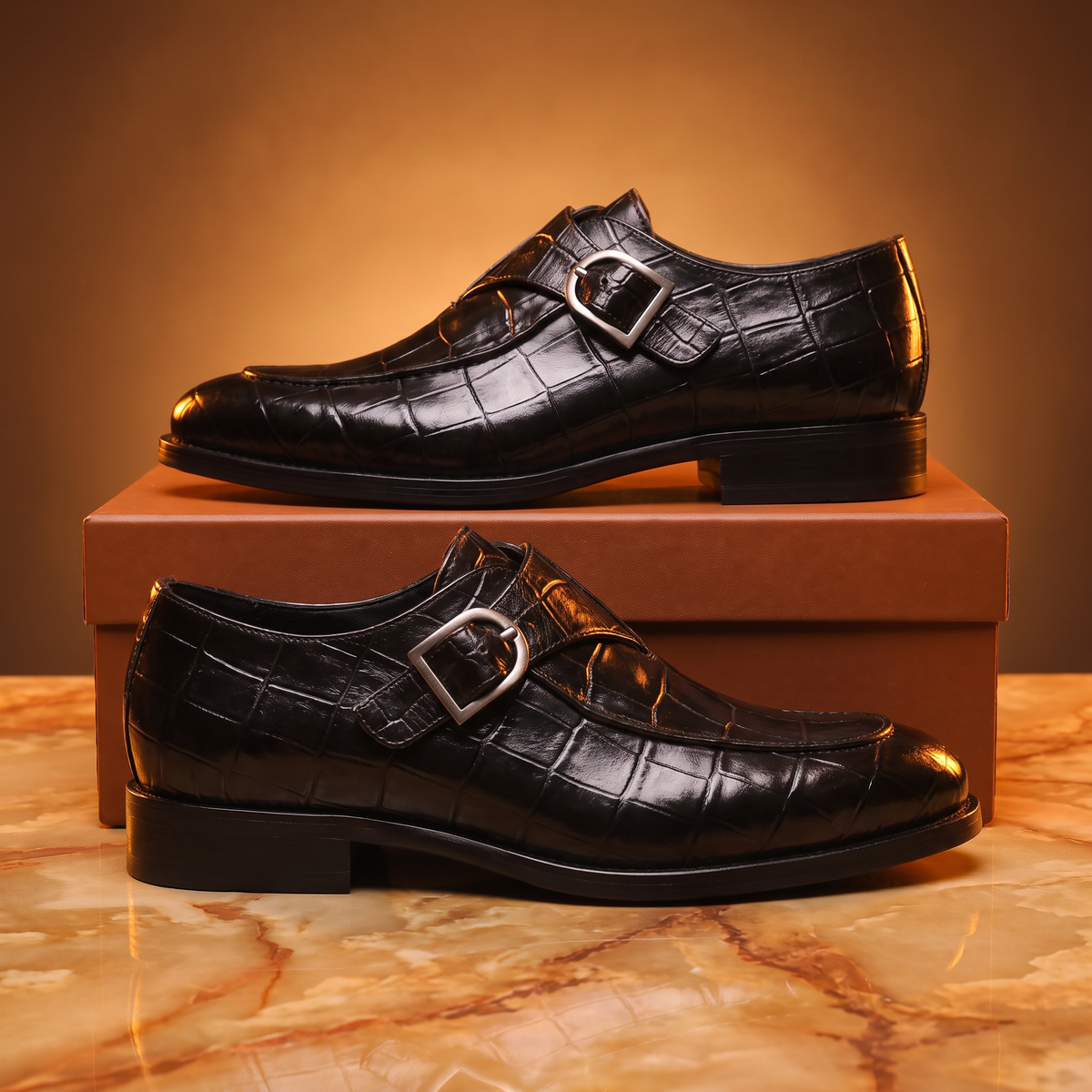 Men's glossy crocodile-texture buckle loafers with low heels