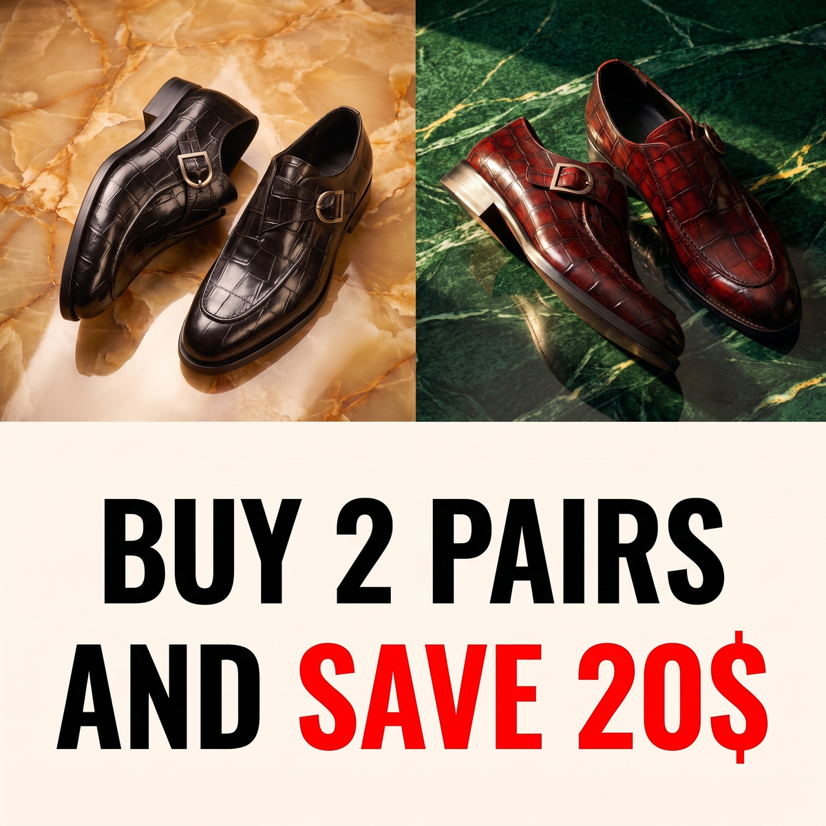 Men's glossy crocodile-texture buckle loafers with low heels