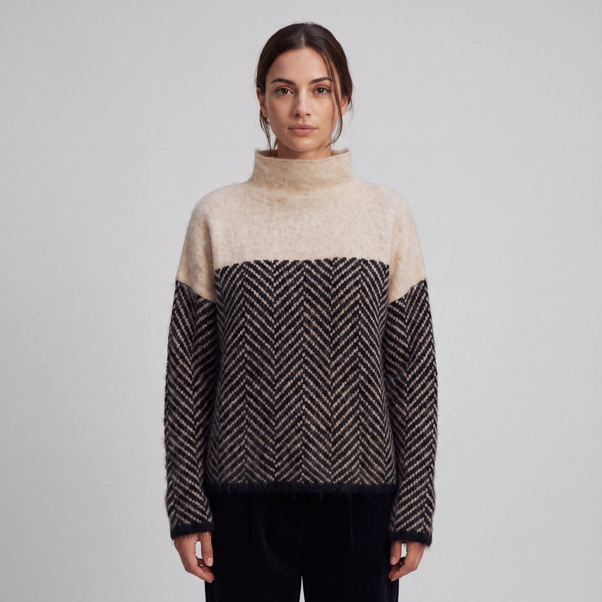 Women's long-sleeve herringbone turtleneck jumper with contrasting plain upper section