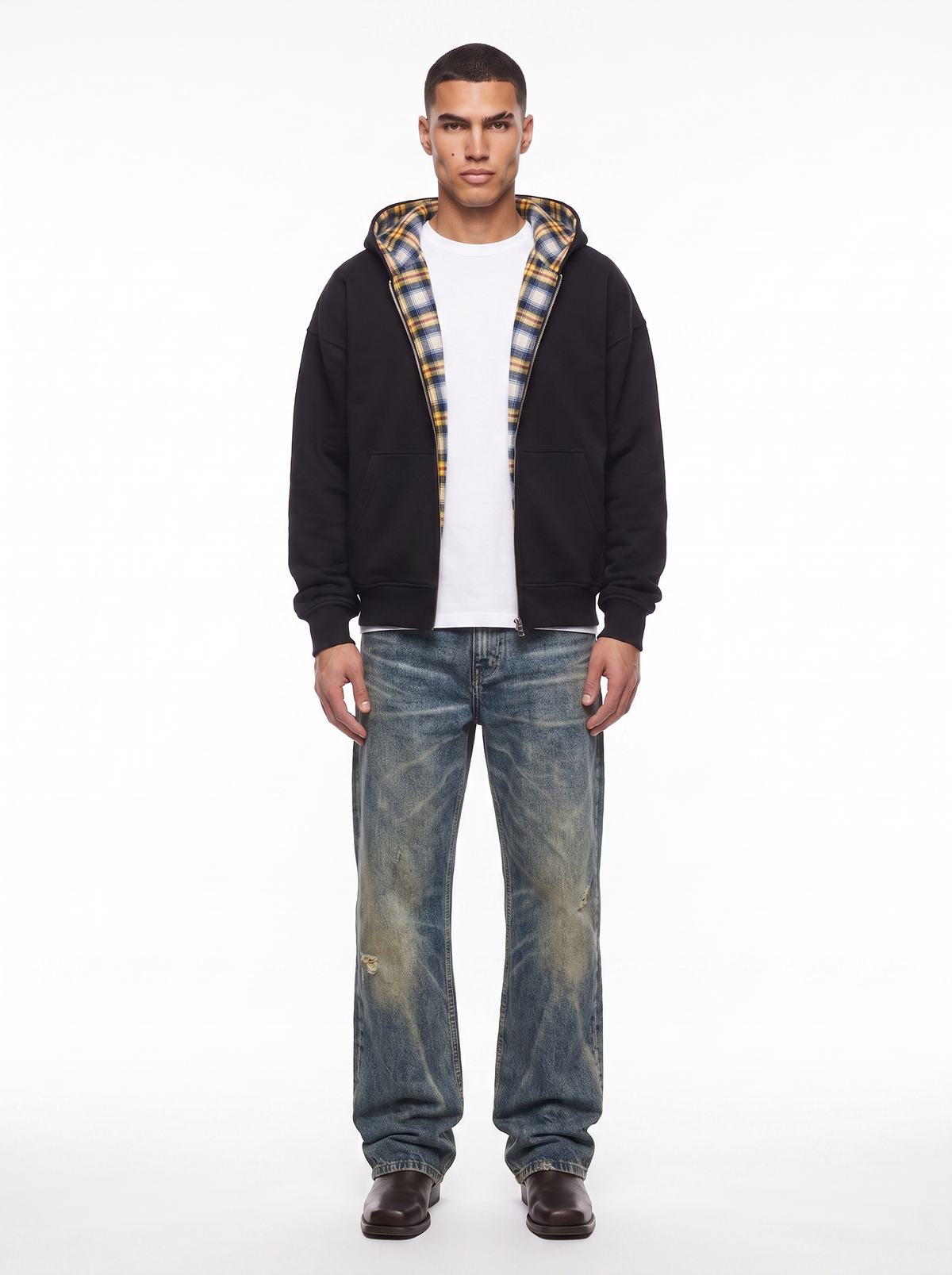 Unisex reversible hoodie jacket with plain and checked sides