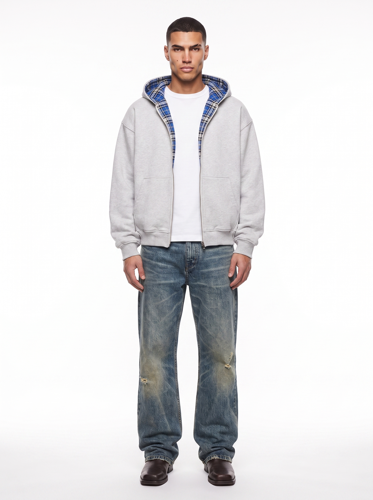 Unisex reversible hoodie jacket with plain and checked sides