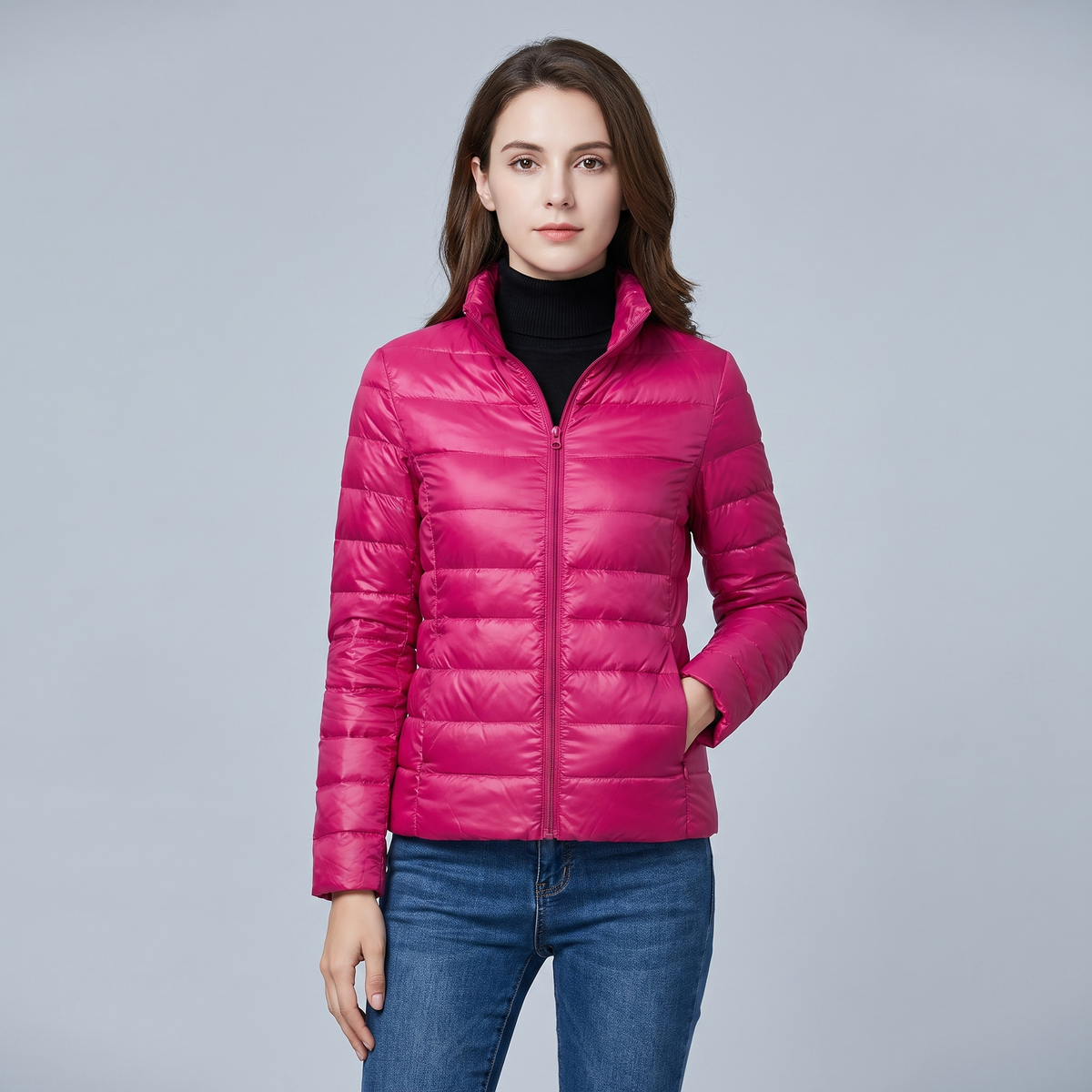 Women's quilted puffer jacket with high collar and zip front