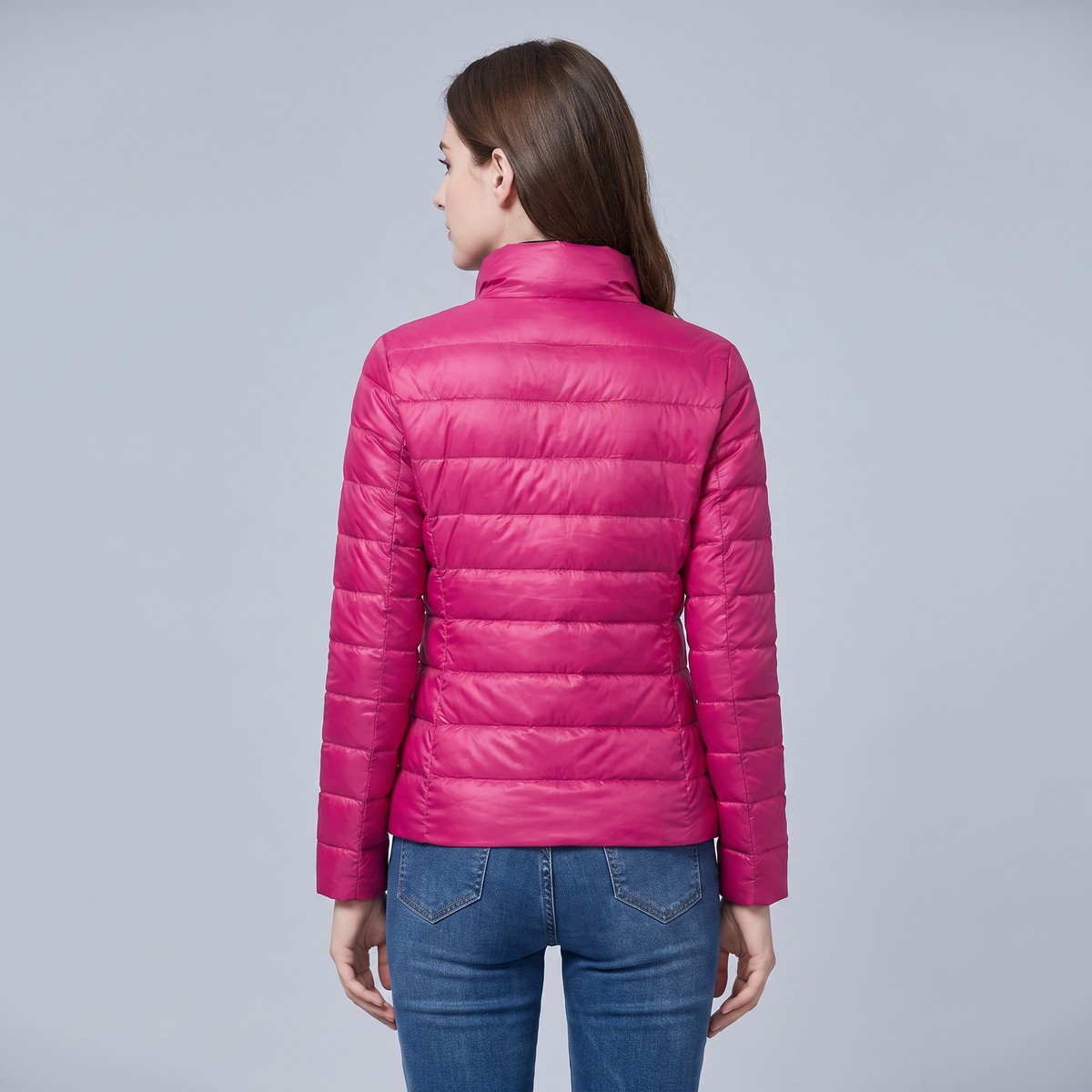 Women's quilted puffer jacket with high collar and zip front