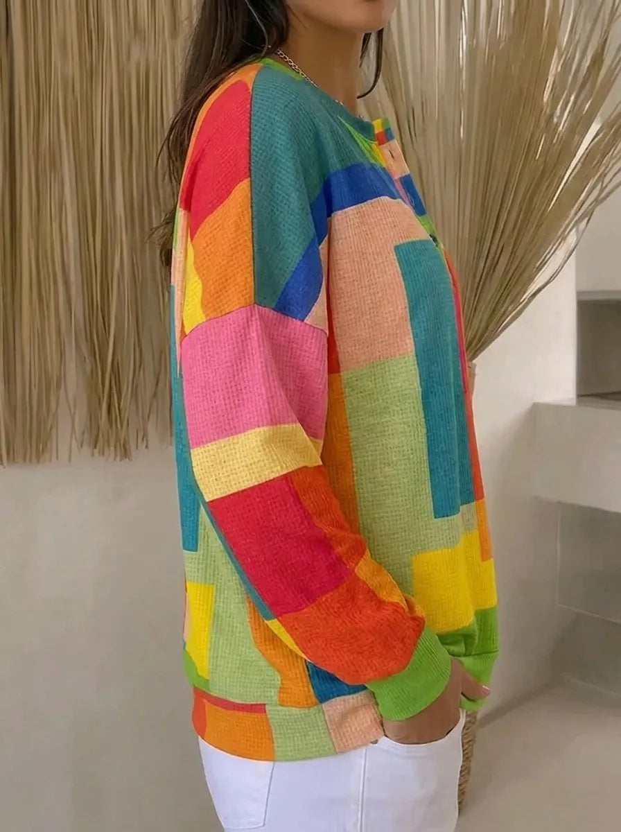 Women's multicoloured geometric colour-block sweatshirt with button placket and long sleeves