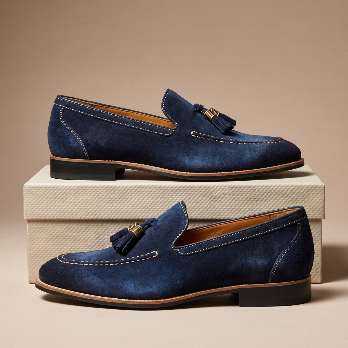 Men's tassel loafers with contrast stitching and low heels