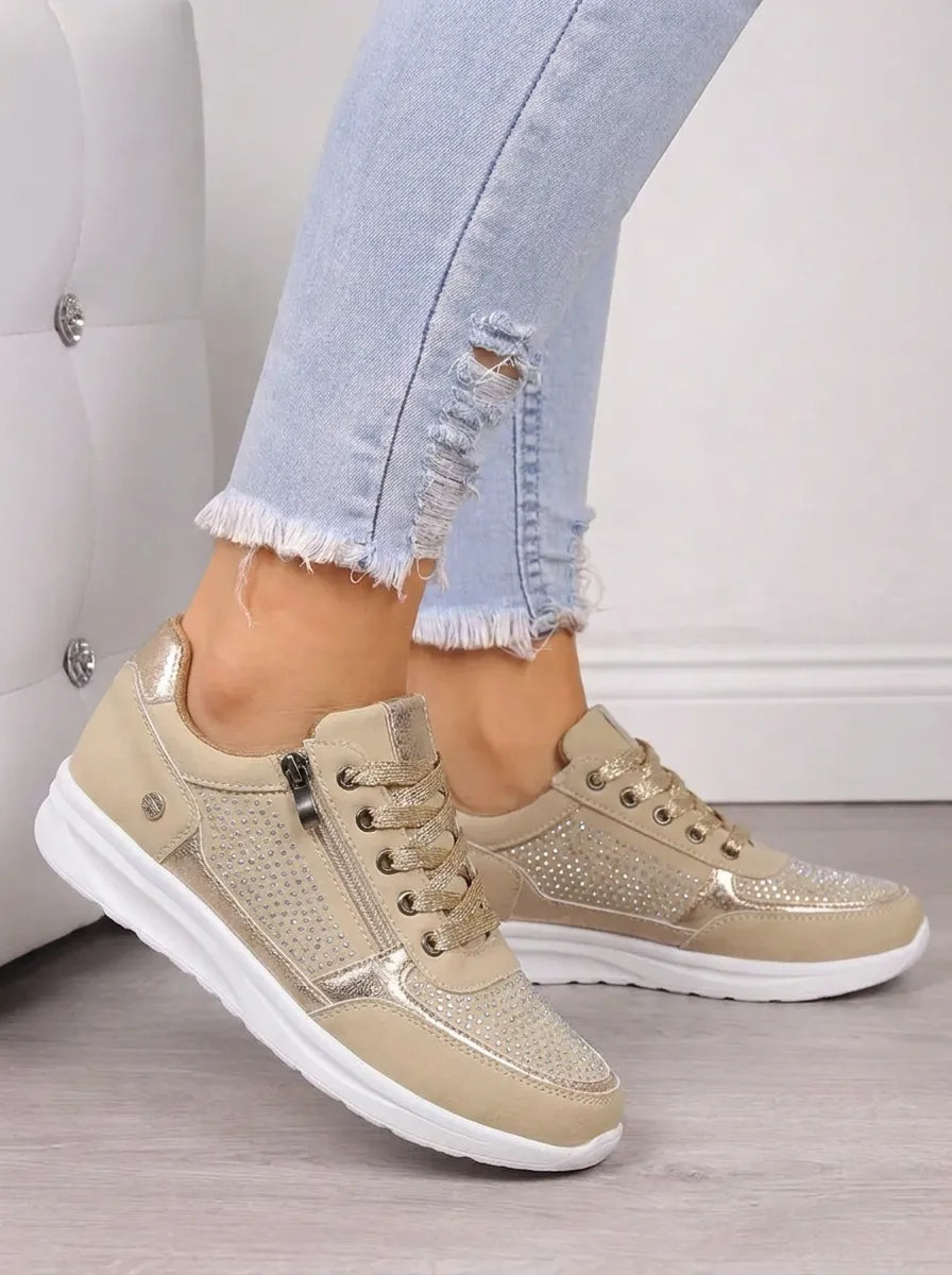 Women's embellished lace-up trainers with side zip and flat white sole