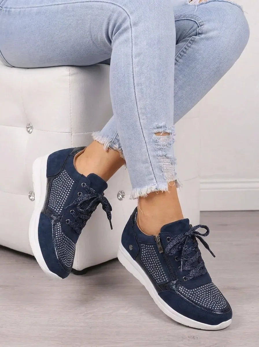 Women's embellished lace-up trainers with side zip and flat white sole