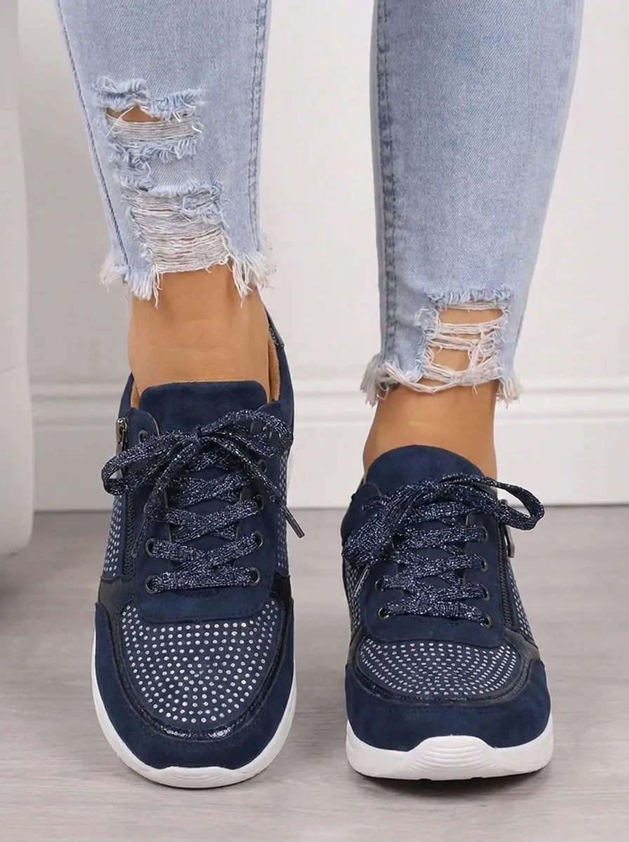 Women's embellished lace-up trainers with side zip and flat white sole