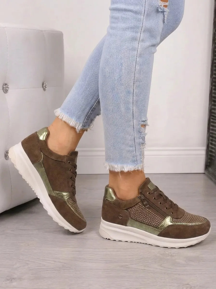 Women's embellished lace-up trainers with side zip and flat white sole