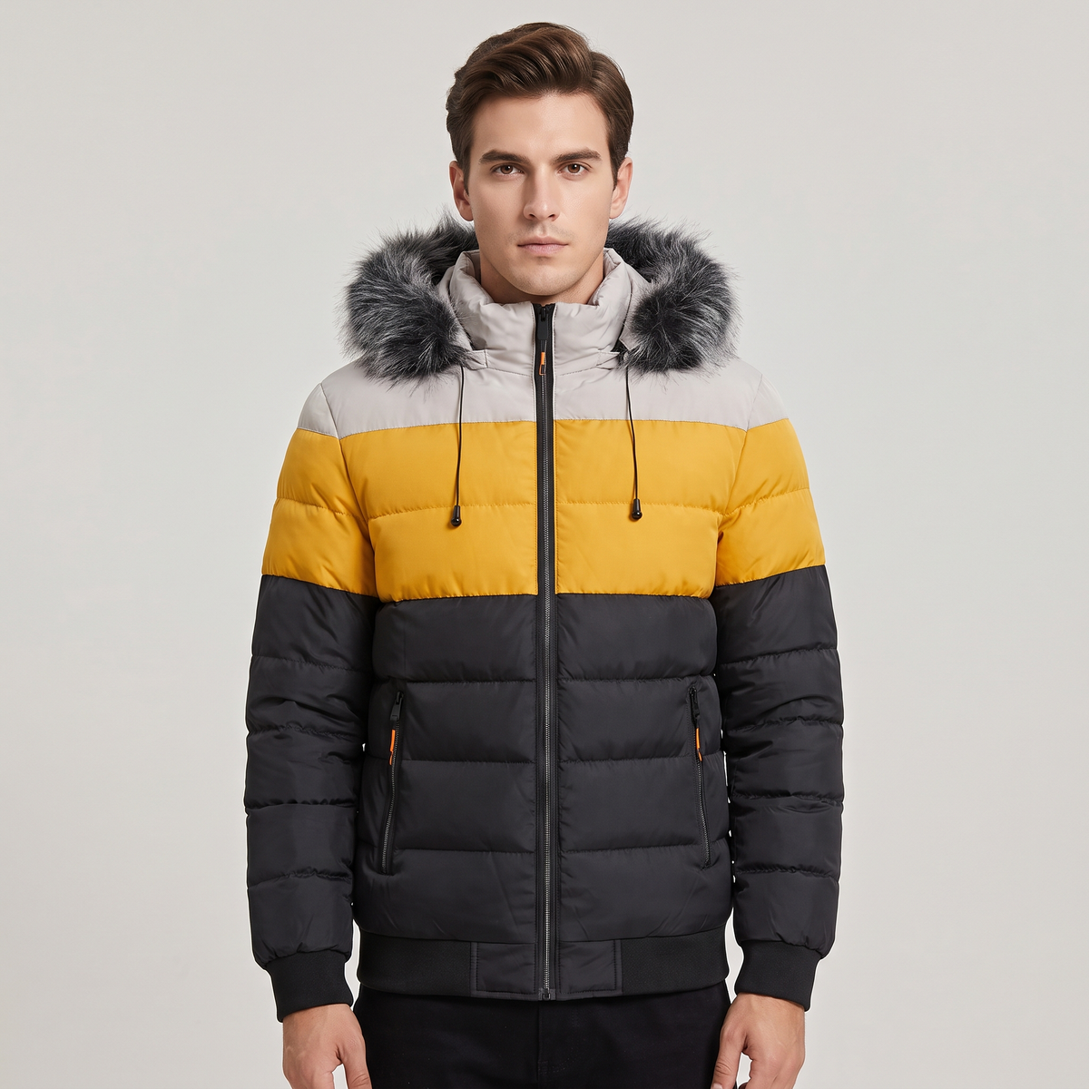 Men's colour-block puffer jacket with fur-trim hood and front zip