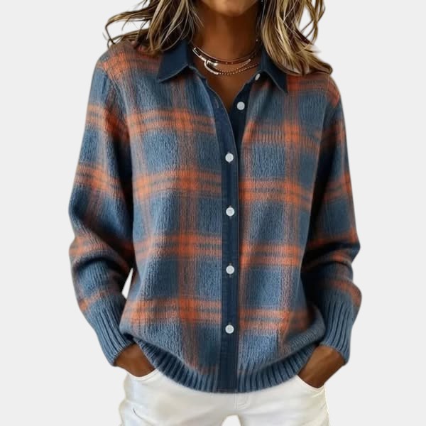 Women's checked button front cardigan with collar and long sleeves