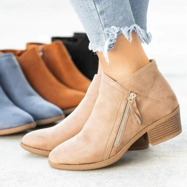 Women's short-shaft ankle boots with side zippers, rounded toes and block heels