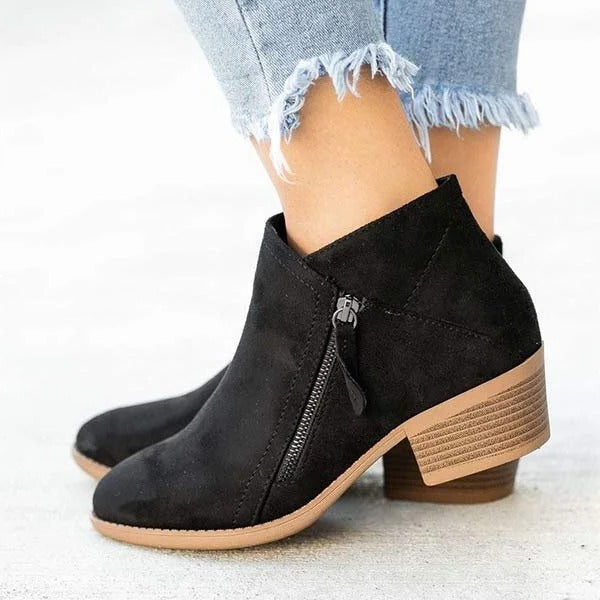 Women's short-shaft ankle boots with side zippers, rounded toes and block heels