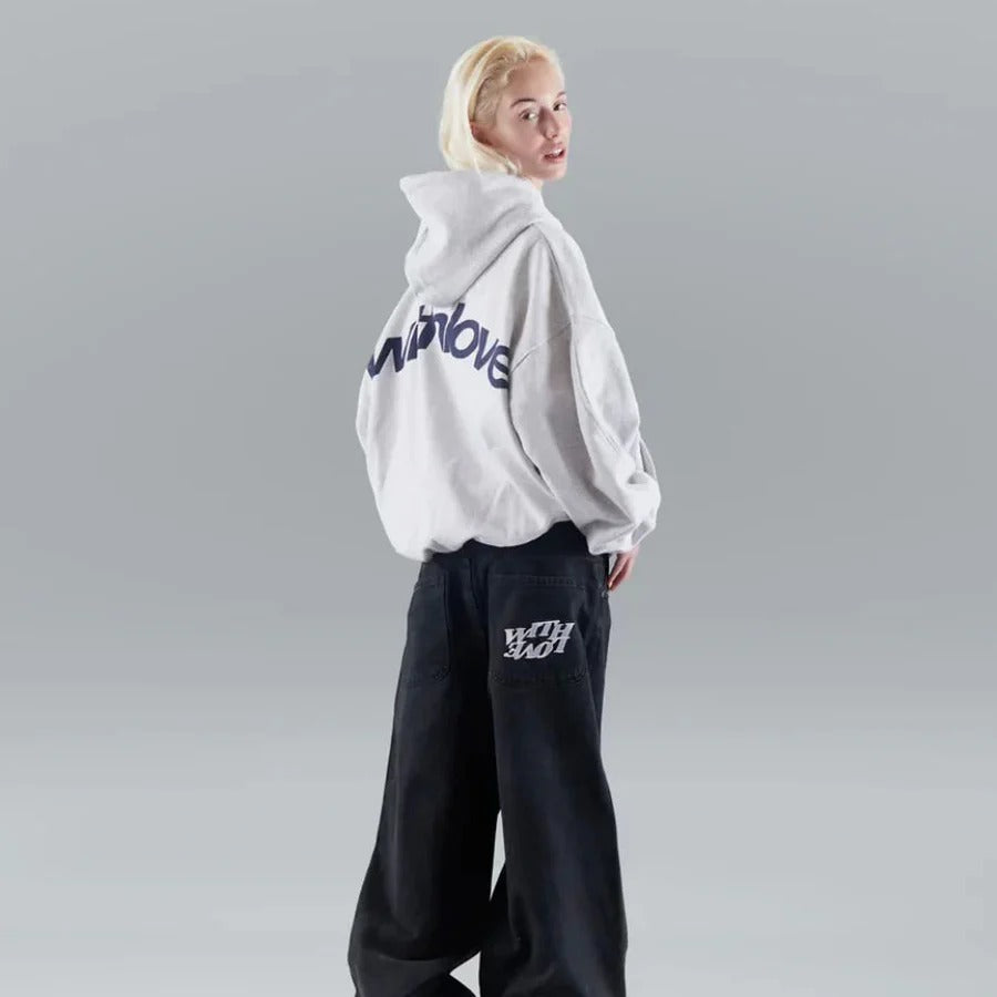Oversized hooded sweatshirt with contrasting back graphic and ribbed trims