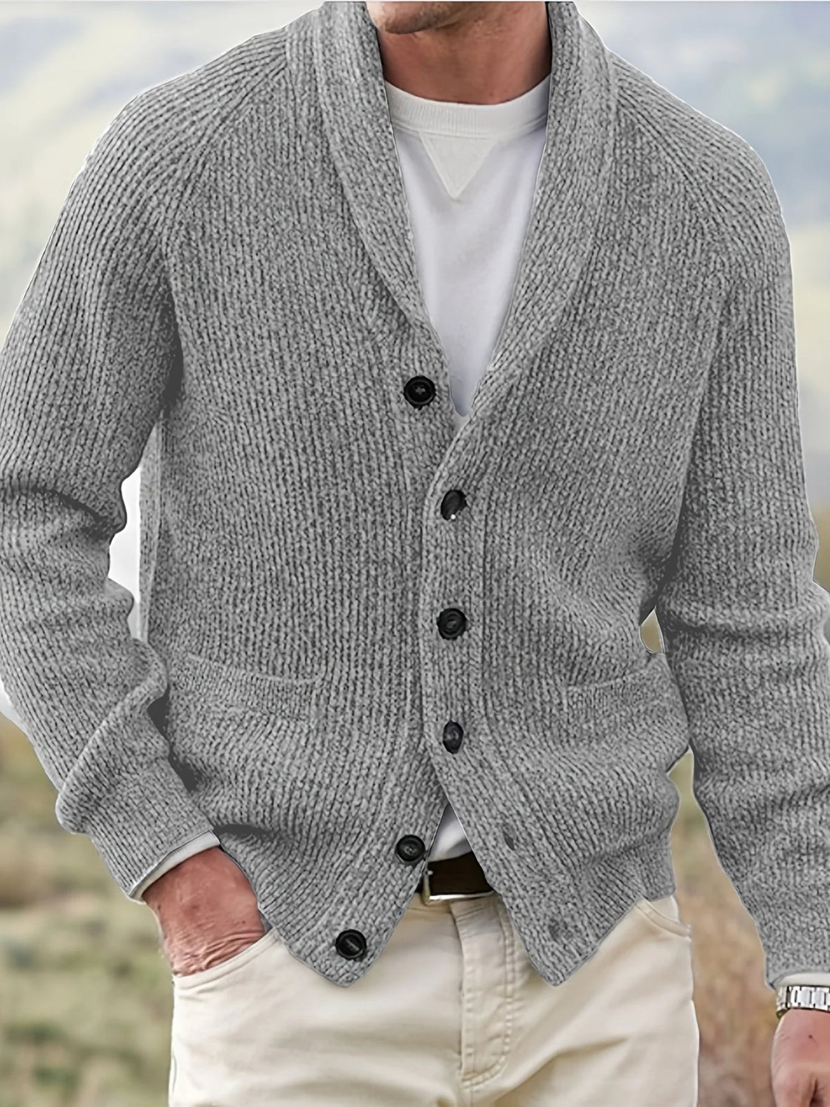 Men's textured knit cardigan jacket with shawl collar, buttons and front pockets