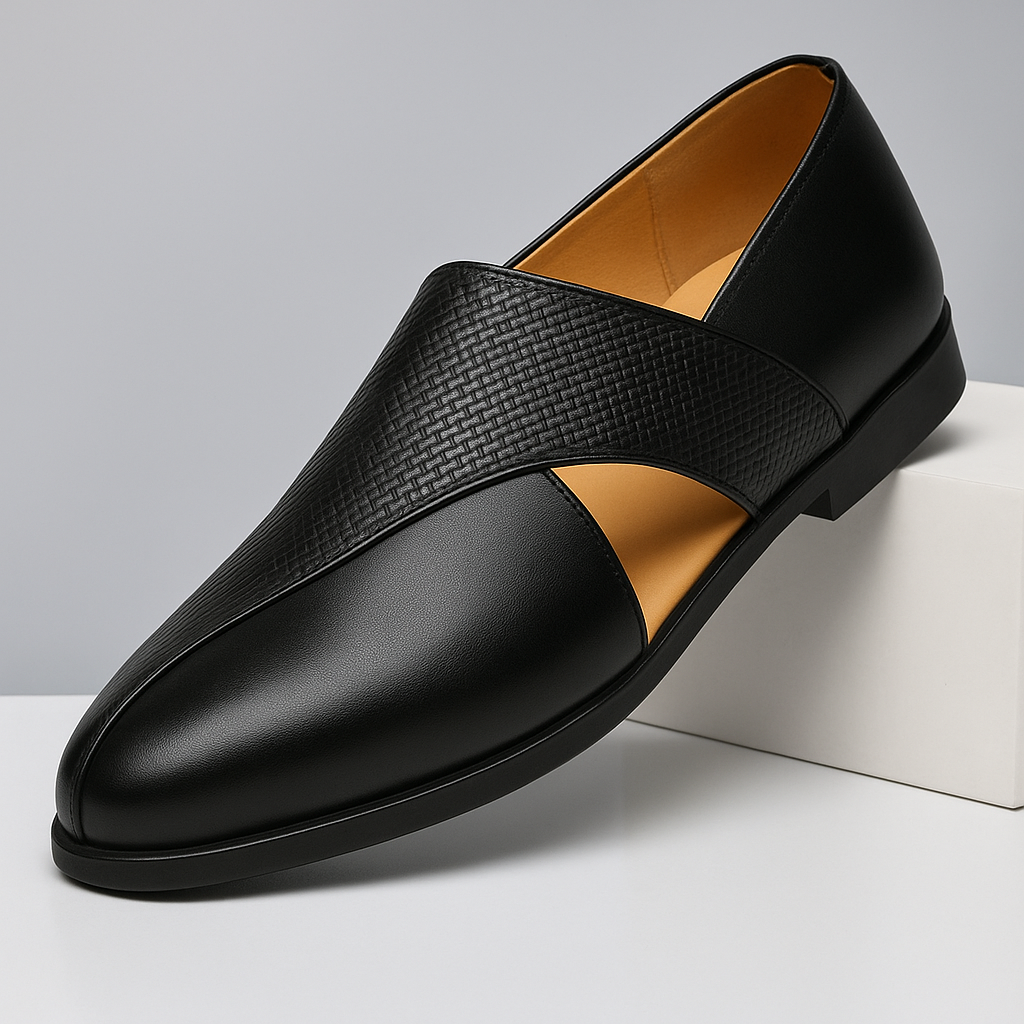 Men's two-tone textured slip-on loafer with rounded toe and flat sole