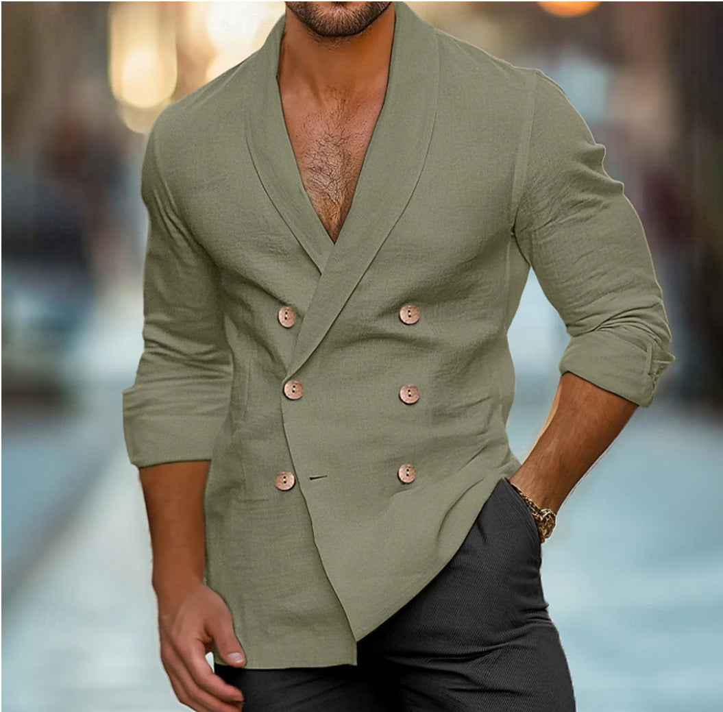 Men's double-breasted polo collar cardigan jacket with long sleeves