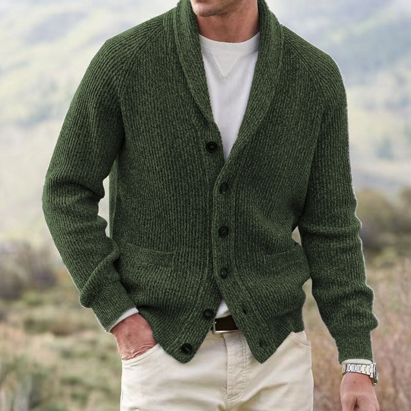 Men's textured knit cardigan jacket with shawl collar, buttons and front pockets