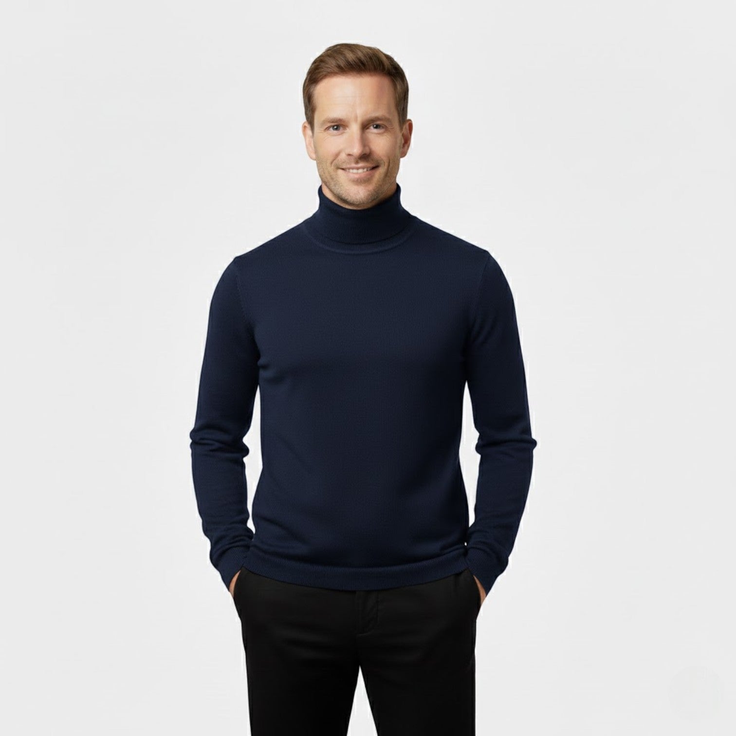 Men's slim long-sleeve roll-neck jumper shown in black and navy