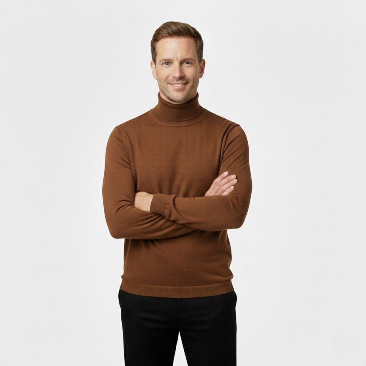 Men's slim long-sleeve roll-neck jumper shown in black and navy