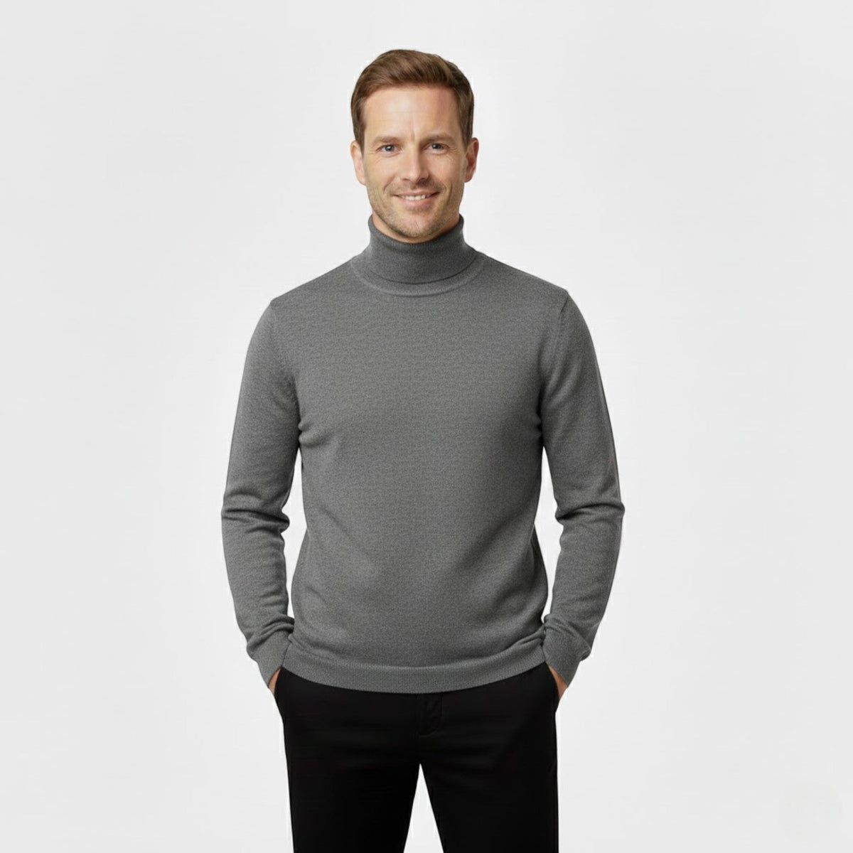 Men's slim long-sleeve roll-neck jumper shown in black and navy