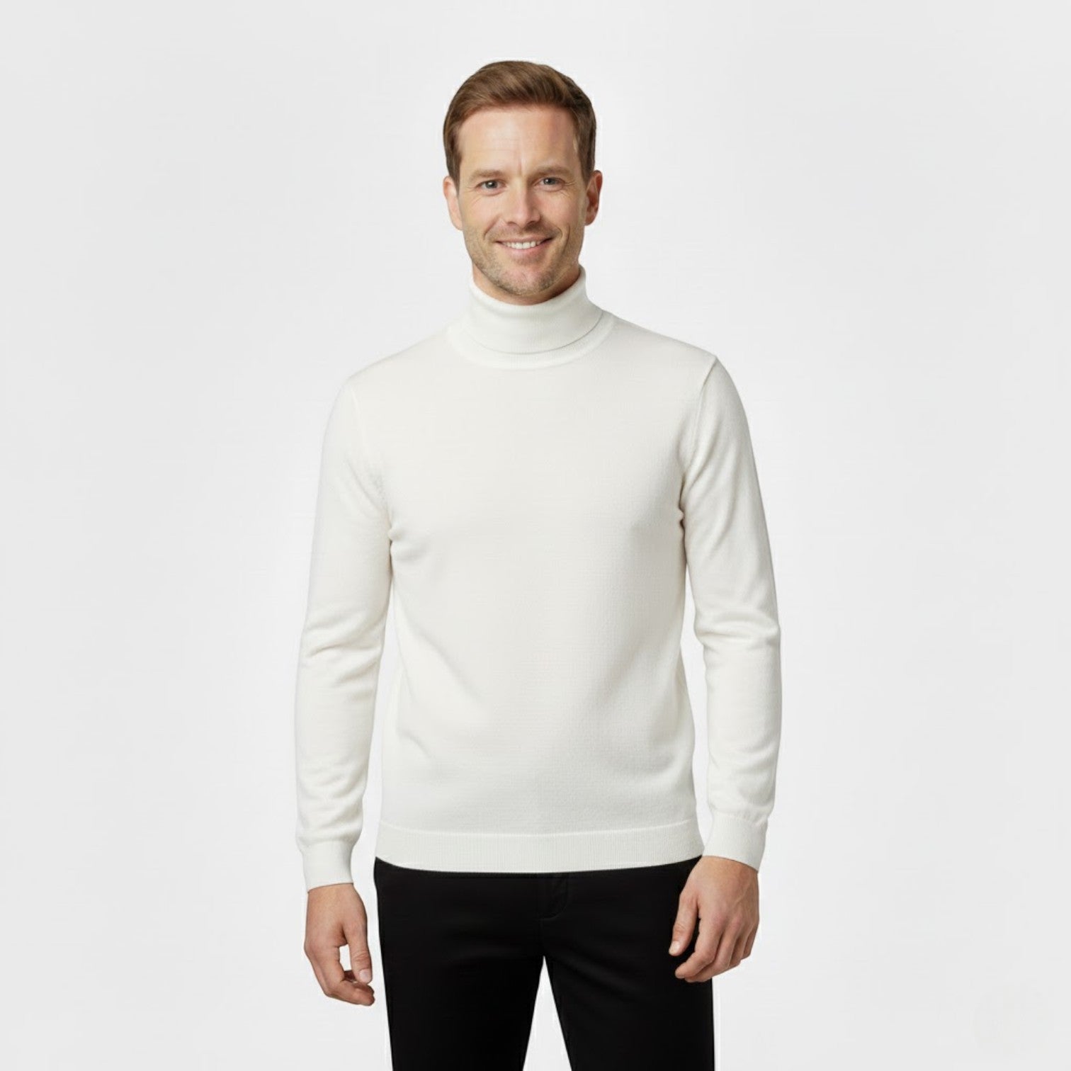 Men's slim long-sleeve roll-neck jumper shown in black and navy