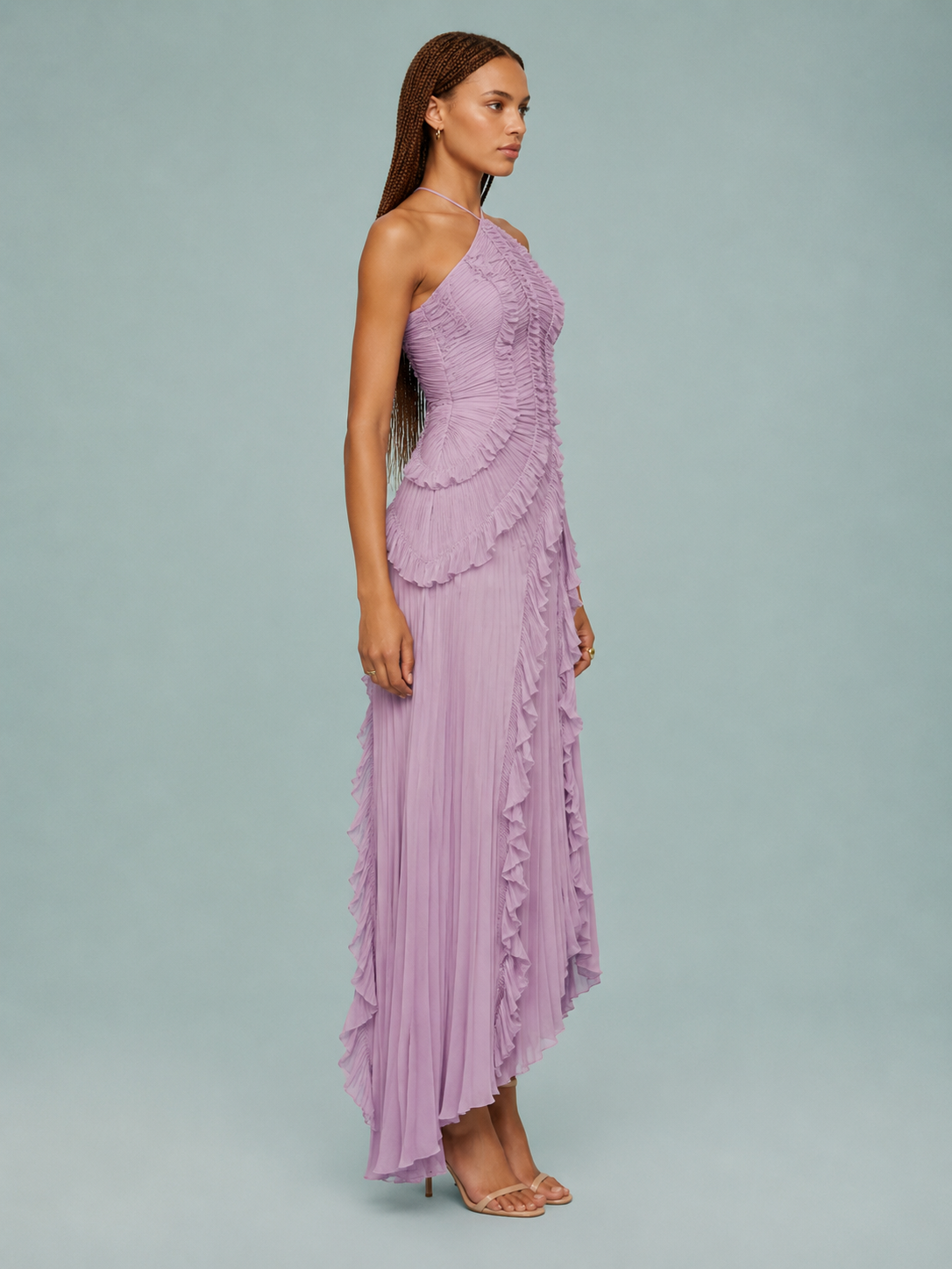 Women's Maxi Dress Pleated Ruffle Halter Neck