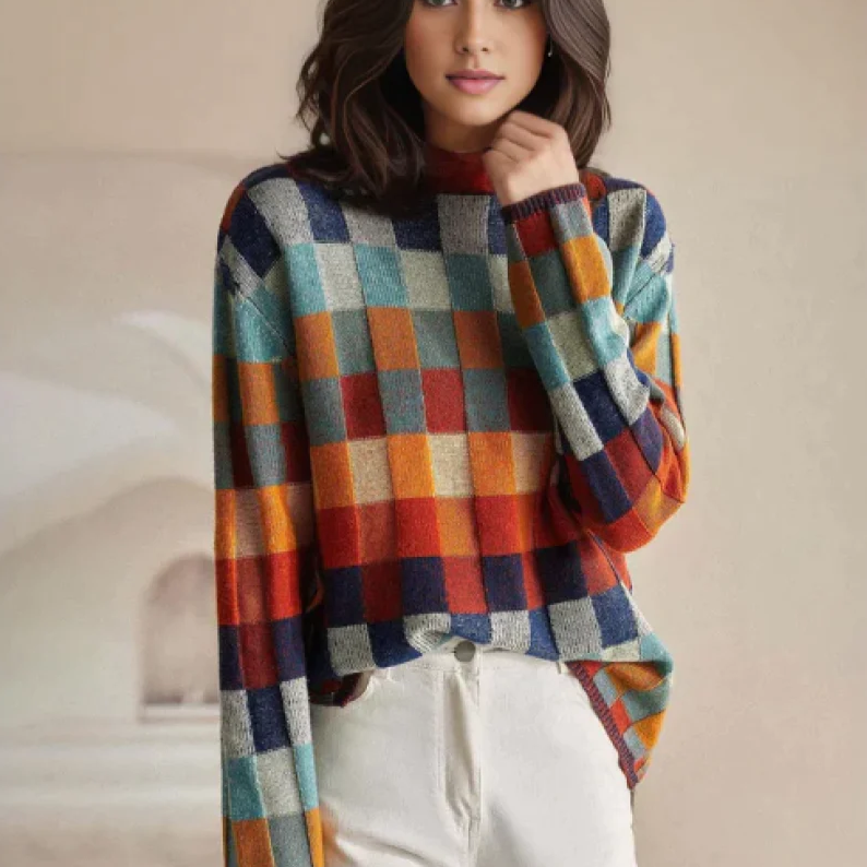 Women's multicoloured checked mock neck jumper with long sleeves